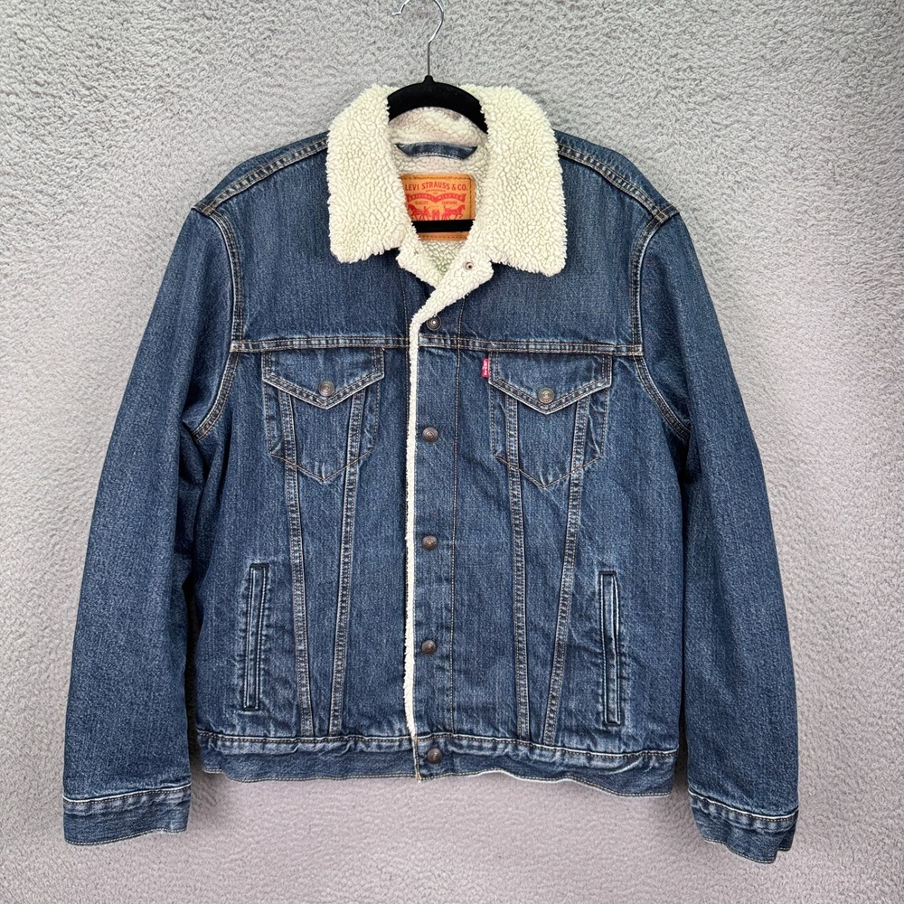 Levis Jean Jacket Mens L Blue Denim Sherpa Lined Workwear Grunge Trucker Rugged